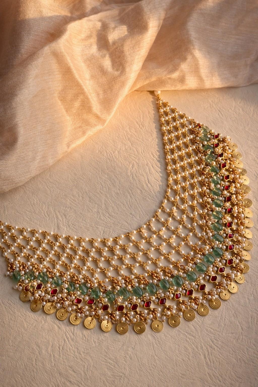 Multi-Layered Jadau and Pearl Choker with Gold Coin Drops - G354800