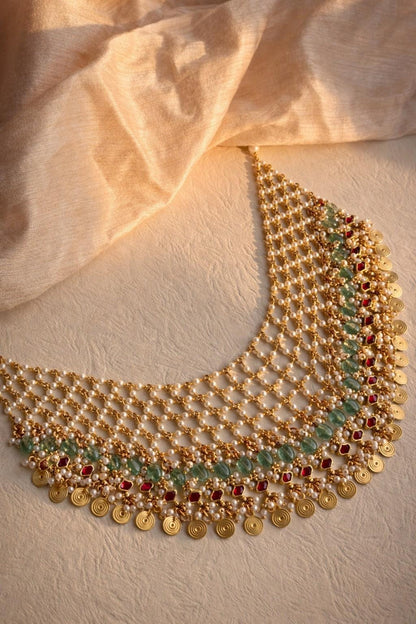 Multi-Layered Jadau and Pearl Choker with Gold Coin Drops - G354800