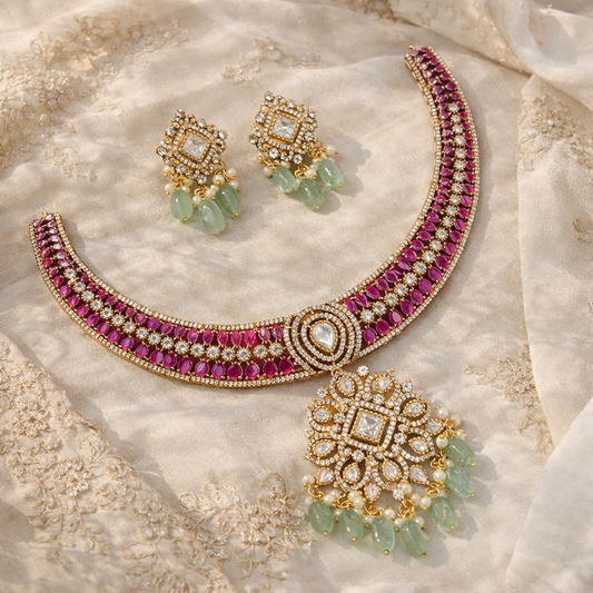 Royal Ruby & Polki Choker Set with Mint Bead Drops