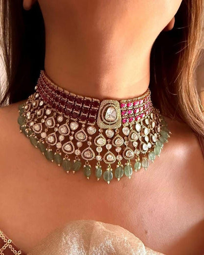 Royal Kundan & Ruby Bridal Choker Set with Mint Drops