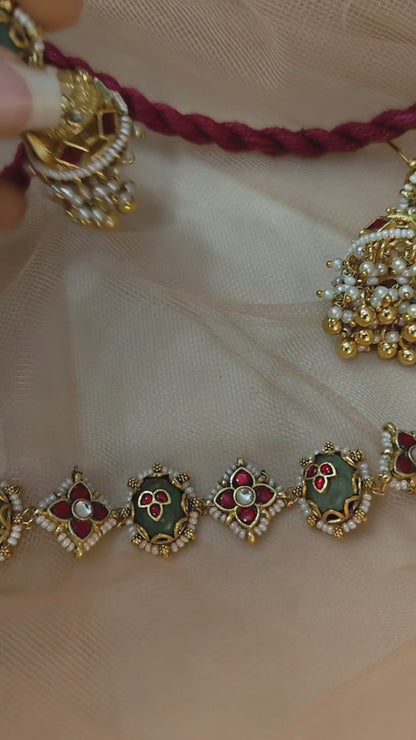 Jadau Kundan & Emerald Pearl Choker Set-G356200