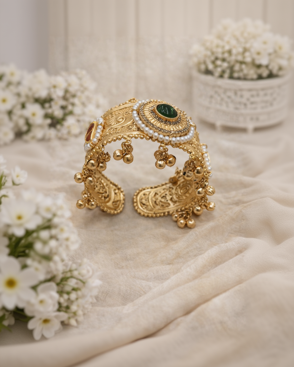 Vintage-Inspired Pearl & Gemstone Golden Kada Bangle-G351500