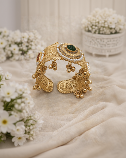Vintage-Inspired Pearl & Gemstone Golden Kada Bangle-G351500