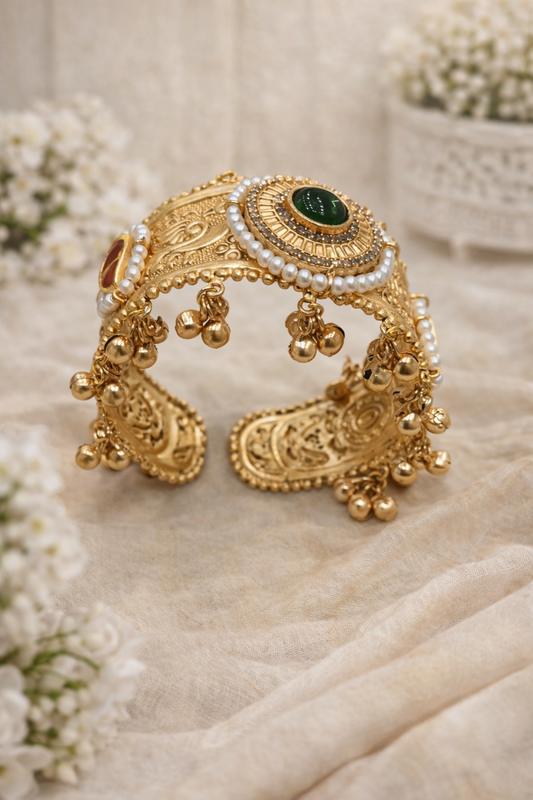 Vintage-Inspired Pearl & Gemstone Golden Kada Bangle