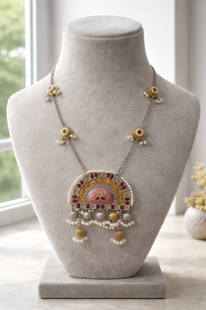 Oxidised Dual-Tone Pink Enamel Jhumka Pendent Set-G351900