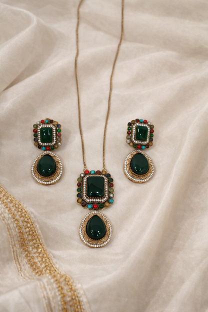 Emerald Green & Multi-Color Beaded Victorian Pendant Set