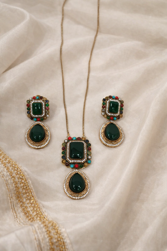 Emerald Green & Multi-Color Beaded Victorian Pendant Set