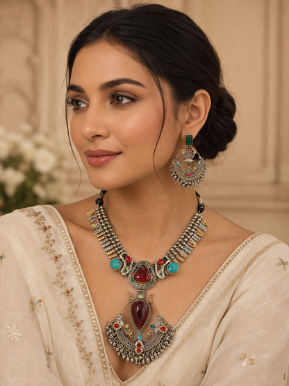 Oxidized Silver Navratri special Blue Stone Necklace Set-G353800