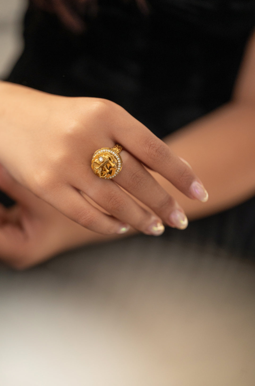 elephant motif Gold plated Mossainte Ring