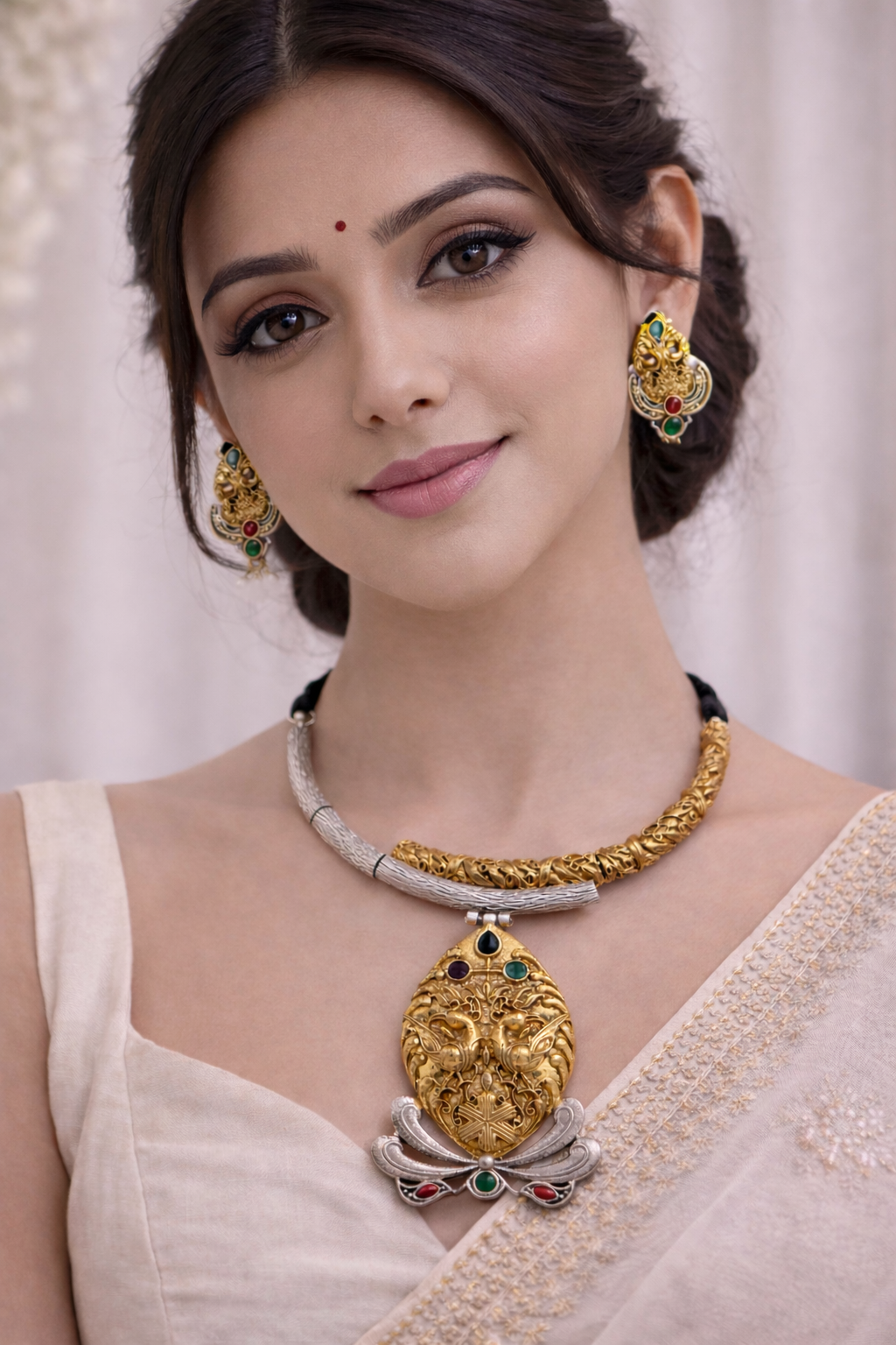 Oxidised Silver Dual-Tone Antique Temple Jewellery Set-G351300