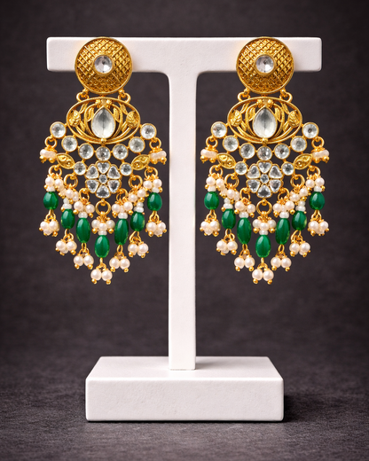 Heritage White Green Stone Pearl Drop Earrings-G351800