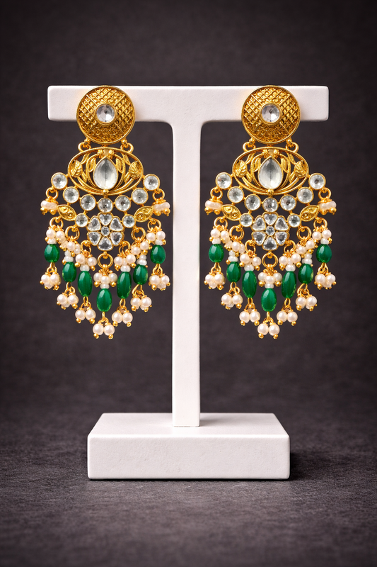 Heritage White Green Stone Pearl Drop Earrings-G351800