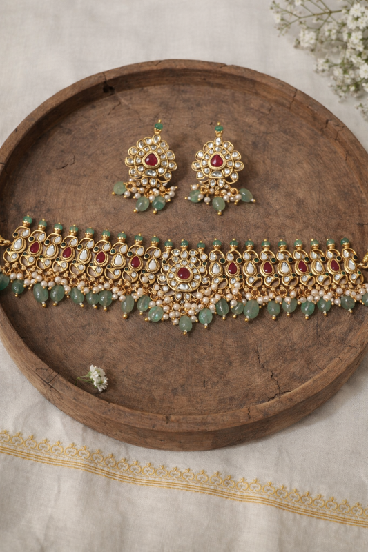 Polki & Kundan Choker Necklace Set with Pearl Drops-G353100
