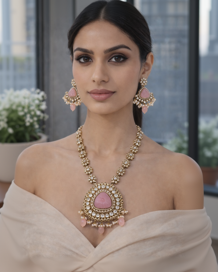 Pink Quartz & Crystal Kundan-Style Necklace Set-G353500