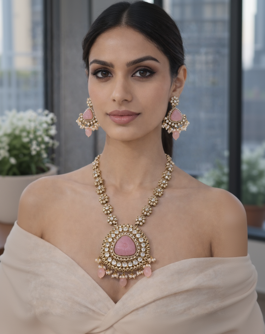Pink Quartz & Crystal Kundan-Style Necklace Set-G353500