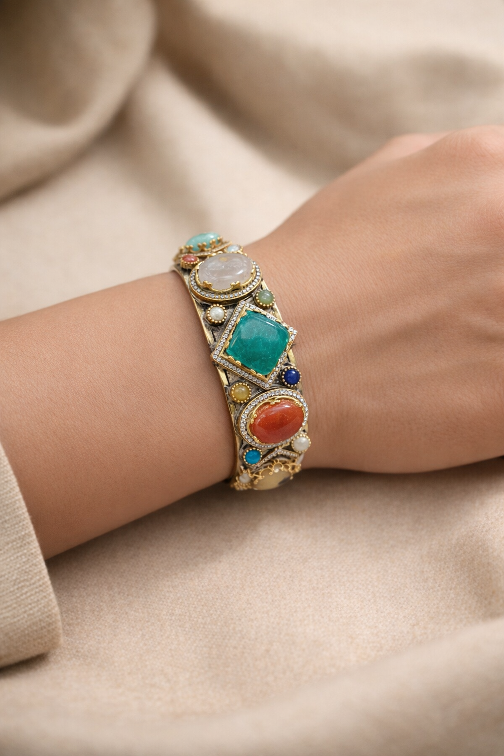 Vintage-Inspired Natural-Gemstone Gold Cuff Bracelet-G352200