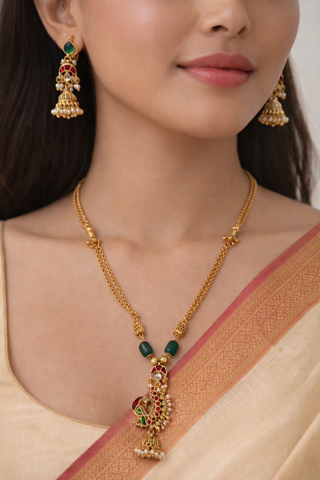Antique Peacock Pendant in Green Beads Chain with Matching Jhumka Earrings-G352600