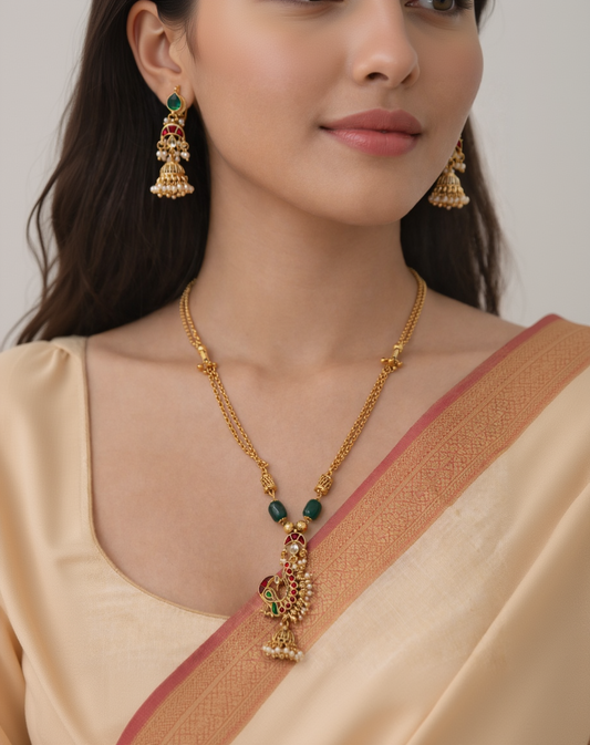 Antique Peacock Pendant in Green Beads Chain with Matching Jhumka Earrings-G352600