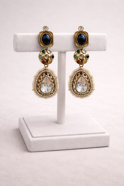 Multi-Stone Kundan Polki Teardrop Earrings-G35900