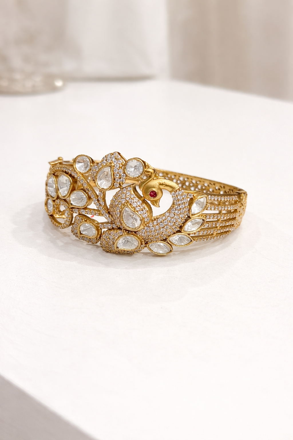 Peacock Polki & Moissanite Gold-Plated Cuff Bracelet