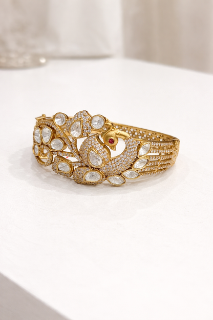 Peacock Polki & Moissanite Gold-Plated Cuff Bracelet