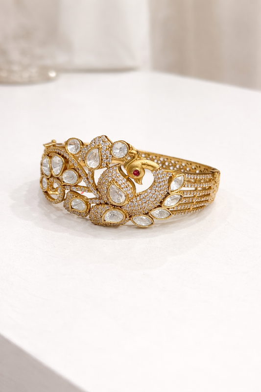 Peacock Polki & Moissanite Gold-Plated Cuff Bracelet