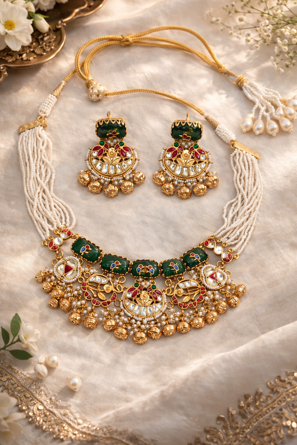 Emerald Green Kundan & Pearl Necklace Earring Set