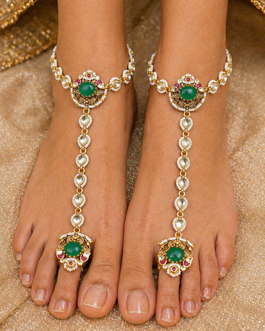 Emerald Green & Paachi Kundan Anklet/Payal(Pair)-G354800