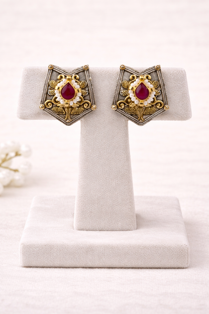 Oxidized Silver & Kundan & Pearl Studded Choker Necklace Set-G352400