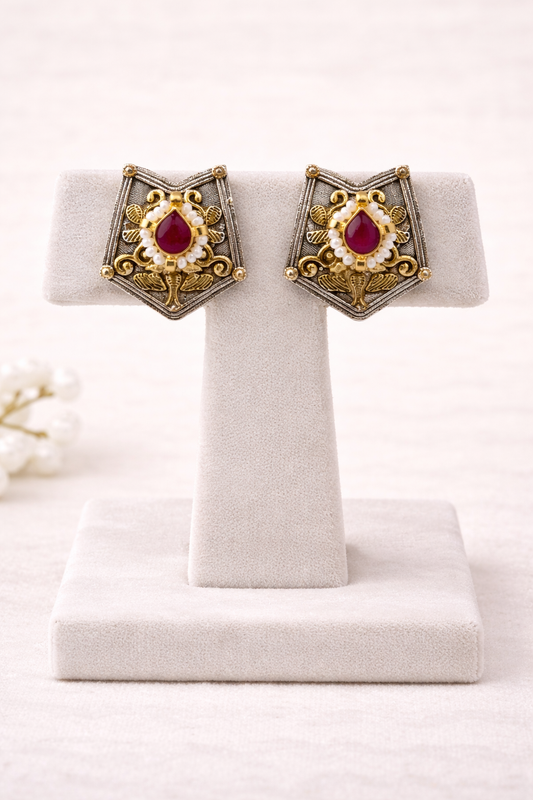 Oxidized Silver & Kundan & Pearl Studded Choker Necklace Set-G352400