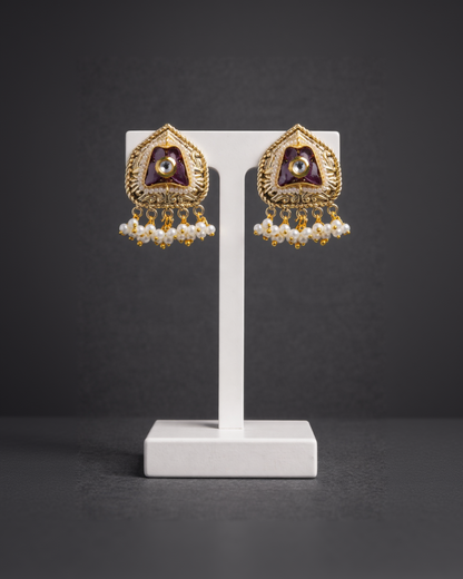 Purple Meenakari and Pearl Drop Gold-Toned Stud Earrings-G35600