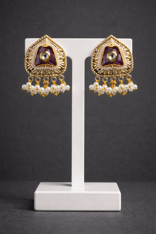 Purple Meenakari and Pearl Drop Gold-Toned Stud Earrings-G35600