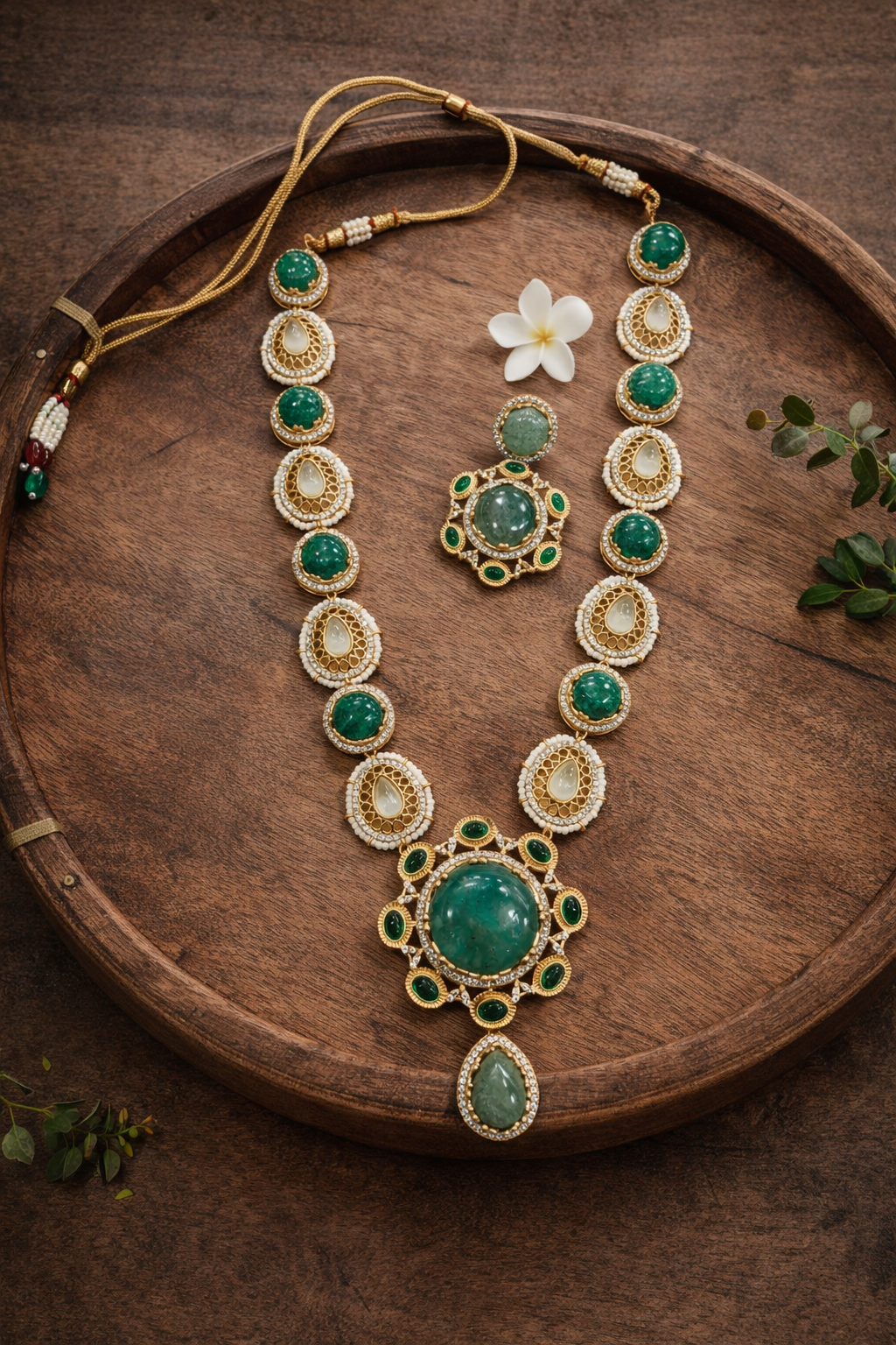 Sabyasachi Inspired Emerald & Kundan Polki Necklace Set-G354600