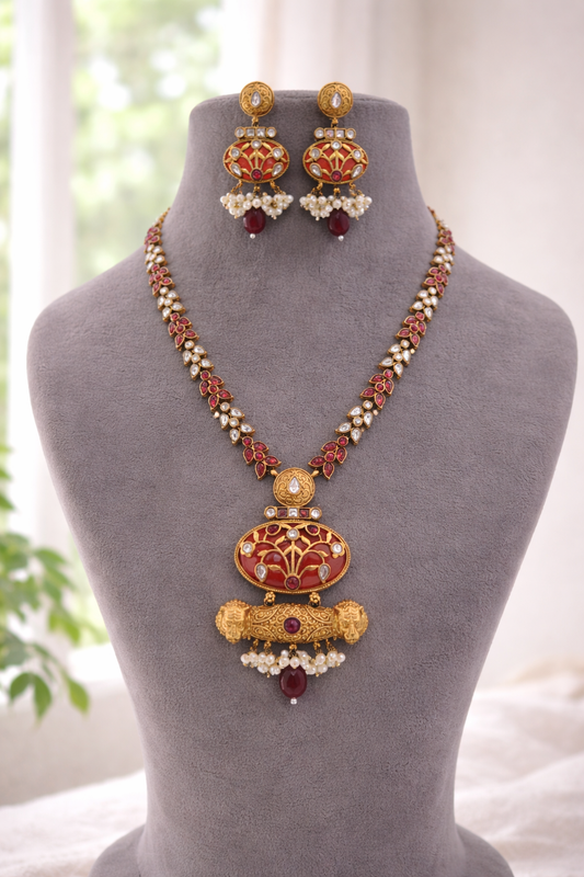 Fusion Victorian-Plated Kundan & Ruby Red Necklace Set-G352800