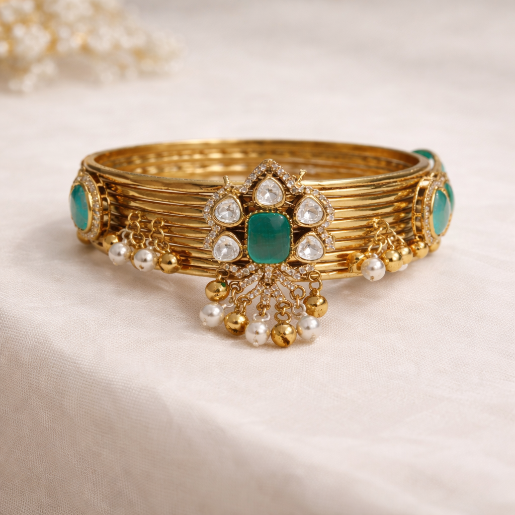 Emerald & Diamond Kundan Pearl Drop Bangle Bracelet