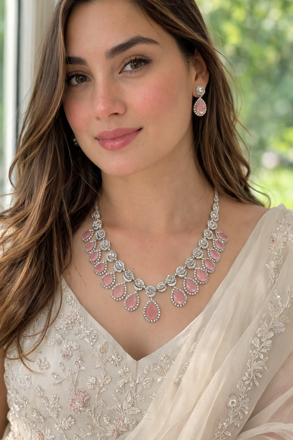 American Diamond Pink Stone Necklace Set
