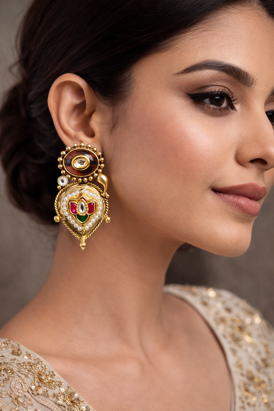 Gold-Toned Kundan and Pearl Drop Earrings-G35900