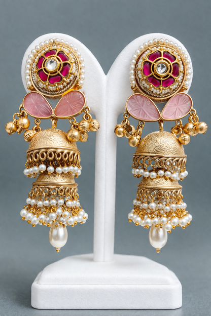 Gold-Plated Kundan and Pearl Jhumka Earrings-G351800