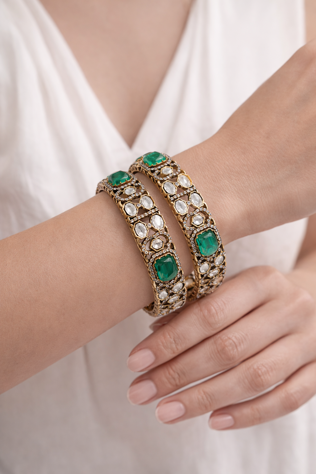 Emerald Green Moissanite Polki Bangles(Set of 2)