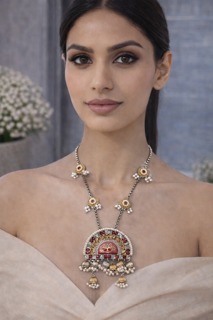Oxidised Dual-Tone Pink Enamel Jhumka Pendent Set-G351900