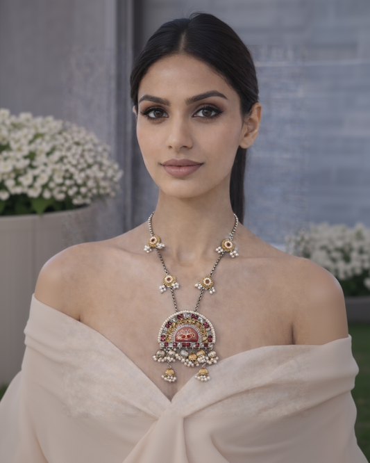 Oxidised Dual-Tone Pink Enamel Jhumka Pendent Set-G351900