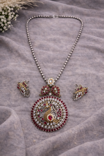 Oxidized Silver Peacock Pendant Necklace Set-G351600
