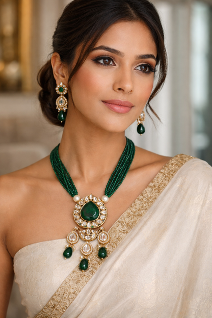 Kundan Polki Onyx Beads Gold Tone Long Pendant Necklace set