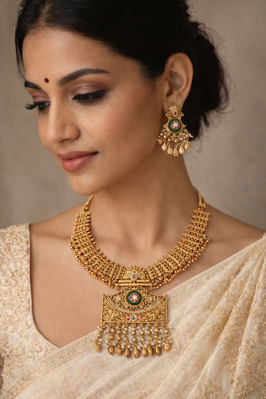 Classic Indian Temple Jewelry Choker with Pearl Drops