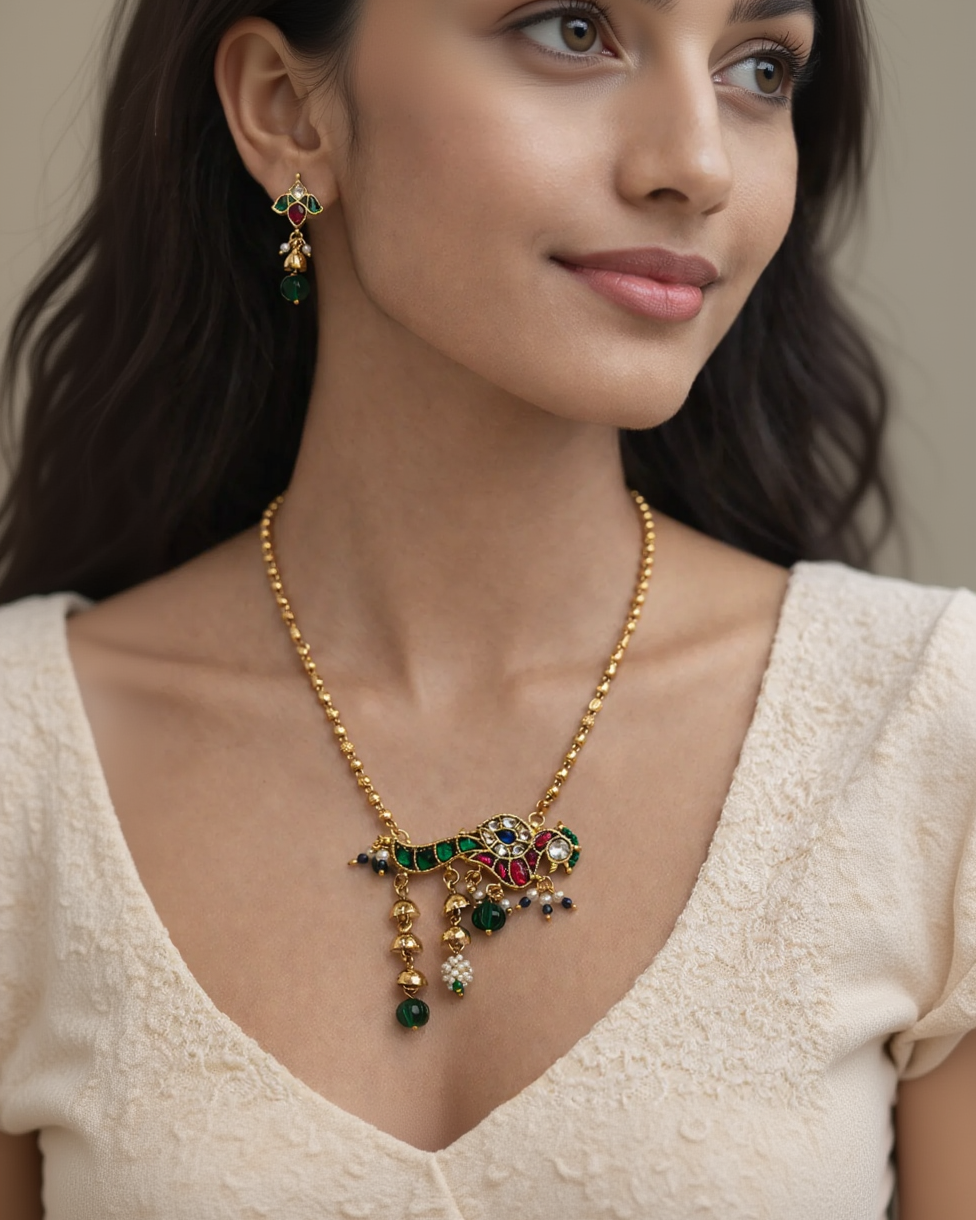 Peacock Navratna Pendant Set-G351700
