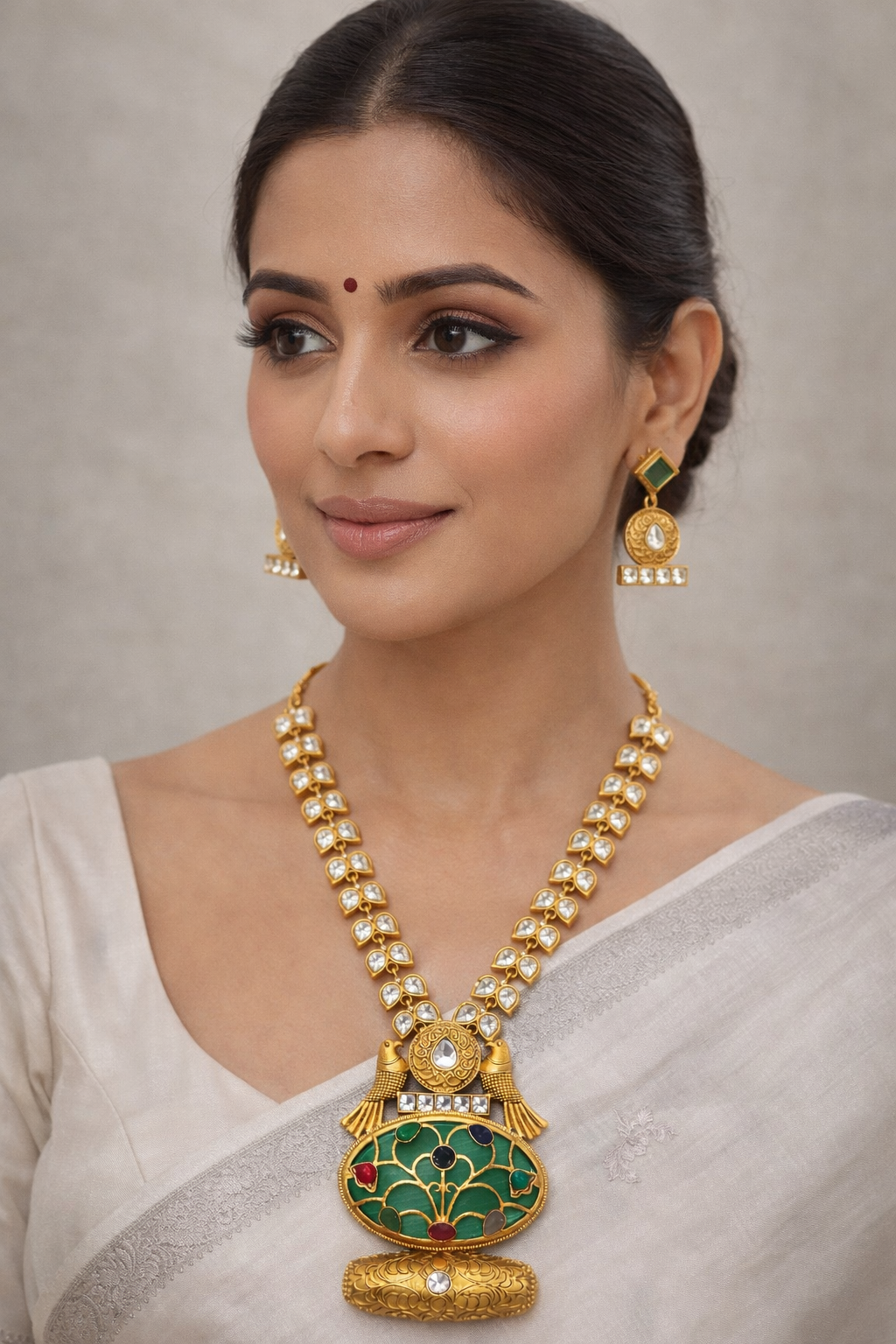 Fusion Kundan Polki Necklace Set Green-G351800