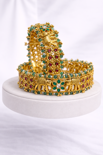 Elephant Motif Antique Gold-Plated Bangle Set(Set of 2)