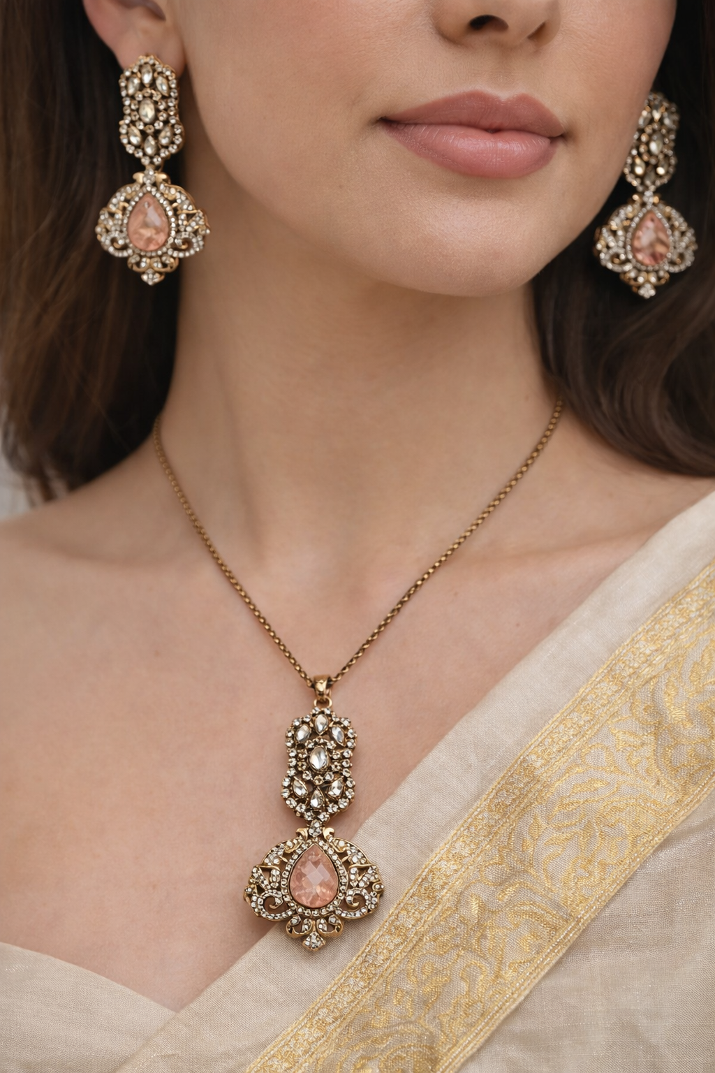 Victorian Pink Stone Pendent Set