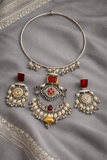Oxidized Silver Pink Stone and Pearl Choker Hasli Set-G351800