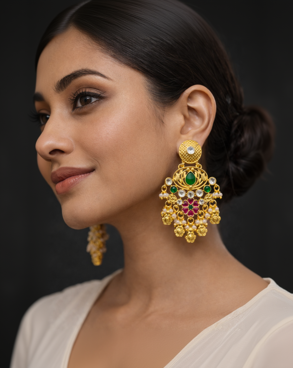 Heritage Ruby Green Stone Pearl Drop Earrings-G351800